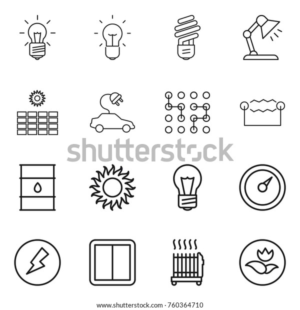 Thin line icon set : bulb, table lamp, sun power,\
electric car, chip, electrostatic, barrel, barometer, electricity,\
switch, radiator, ecology