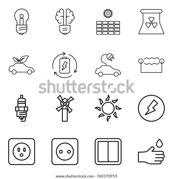 Thin line icon set : bulb,\
brain, sun power, nuclear, eco car, battery charge, electric,\
electrostatic, spark plug, windmill, electricity, socket, switch,\
hand drop