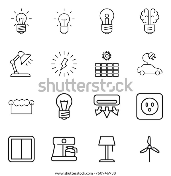 Thin line icon set : bulb,\
brain, table lamp, lightning, sun power, electric car,\
electrostatic, air conditioning, socket, switch, coffee maker,\
floor, windmill