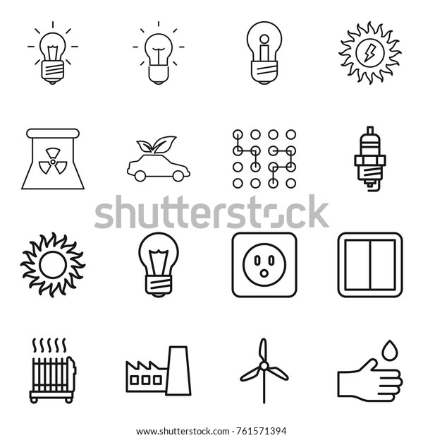 Thin line icon set : bulb, sun power, nuclear, eco\
car, chip, spark plug, socket, switch, radiator, factory, windmill,\
hand drop