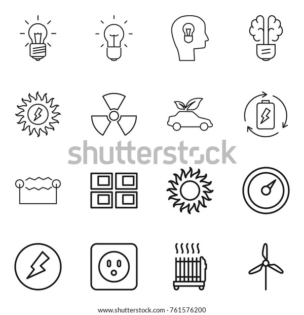 Thin line icon set : bulb,\
head, brain, sun power, nuclear, eco car, battery charge,\
electrostatic, panel house, barometer, electricity, socket,\
radiator, windmill