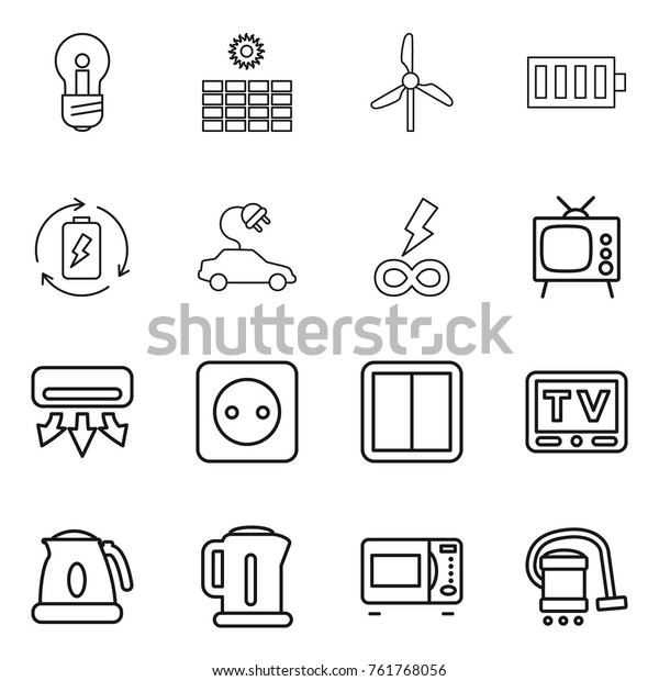 Thin line icon set\
: bulb, sun power, windmill, battery, charge, electric car,\
infinity, tv, air conditioning, socket, switch, kettle, microwave\
oven, vacuum cleaner