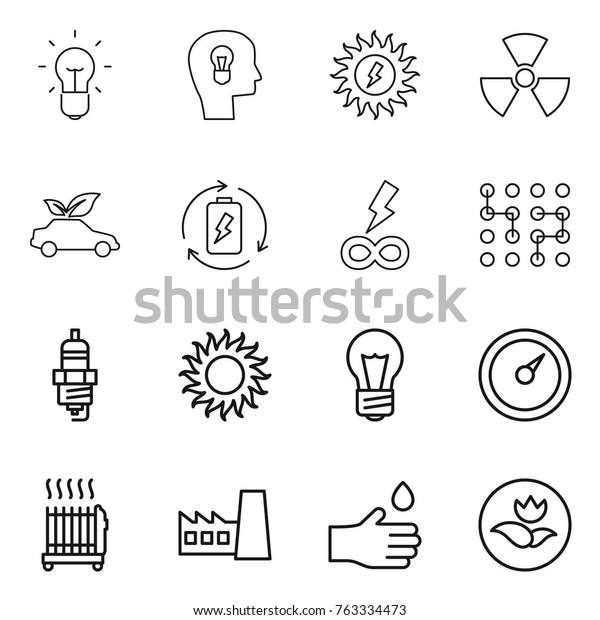 Thin line icon set : bulb, head, sun\
power, nuclear, eco car, battery charge, infinity, chip, spark\
plug, barometer, radiator, factory, hand drop,\
ecology