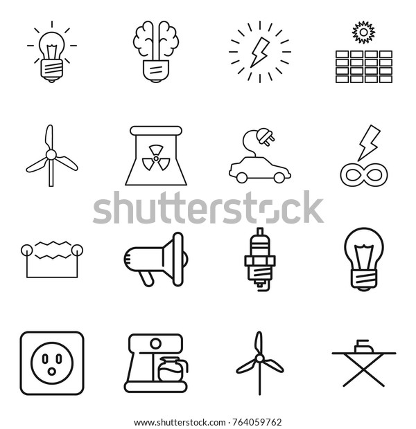 Thin line icon set\
: bulb, brain, lightning, sun power, windmill, nuclear, electric\
car, infinity, electrostatic, megafon, spark plug, socket, coffee\
maker, iron board