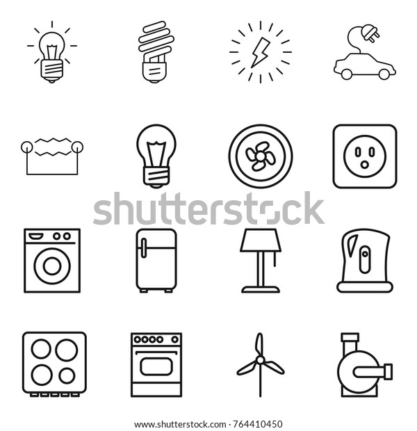 Thin line icon\
set : bulb, lightning, electric car, electrostatic, cooler fan,\
power socket, washing machine, fridge, floor lamp, kettle, hob,\
oven, windmill, water\
pump
