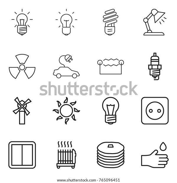 Thin line icon set : bulb,\
table lamp, nuclear, electric car, electrostatic, spark plug,\
windmill, sun, power socket, switch, radiator, pancakes, hand\
drop