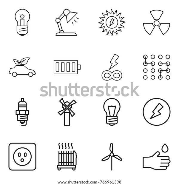Thin line icon set : bulb, table\
lamp, sun power, nuclear, eco car, battery, infinity, chip, spark\
plug, windmill, electricity, socket, radiator, hand\
drop
