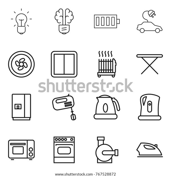 Thin line icon set : bulb, brain,\
battery, electric car, cooler fan, power switch, radiator, iron\
board, fridge, mixer, kettle, grill oven, water\
pump