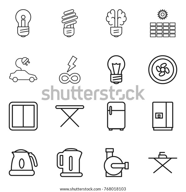 Thin line icon set : bulb, brain, sun power,\
electric car, infinity, cooler fan, switch, iron board, fridge,\
kettle, water pump