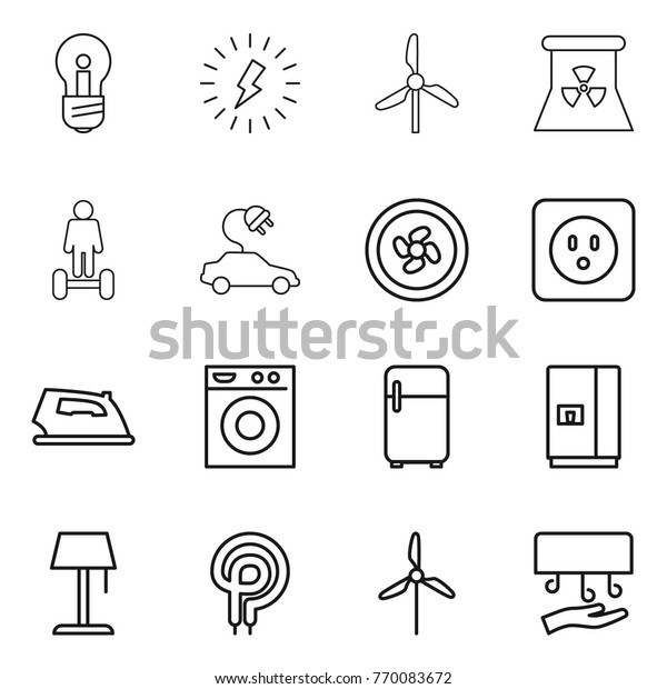 Thin line icon set : bulb, lightning, windmill,\
nuclear power, hoverboard, electric car, cooler fan, socket, iron,\
washing machine, fridge, floor lamp, elecric oven, hand\
dryer