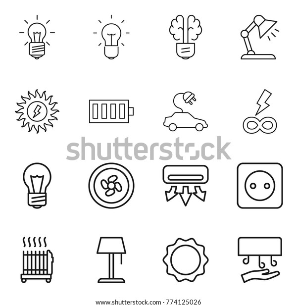 Thin line\
icon set : bulb, brain, table lamp, sun power, battery, electric\
car, infinity, cooler fan, air conditioning, socket, radiator,\
floor, induction oven, hand\
dryer