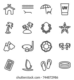 thin line icon set : bungalow, lounger, uv cream, palm, island, hawaiian wreath, starfish, flippers, diving mask, lifebuoy, hammock, inflatable mattress, windsurfing, flip flops, pool
