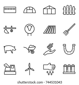 thin line icon set : bunker, greenhouse, fence, plow, sheep, field, fork, pig, wheelbarrow, harvest, horseshoe, harvester, windmill, sow, grain elevator