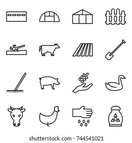 thin line icon set : bunker, greenhouse, fence, soil cutter, cow, field, shovel, rake, pig, harvest, goose, chicken, sow, fertilizer