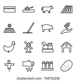 thin line icon set : bunker, soil cutter, cow, field, rake, pig, harvest, chicken, windmill, harvester, barn, scarecrow, sow, grain elevator, potato