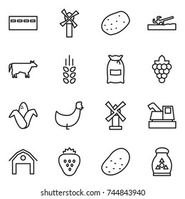 thin line icon set : bunker, windmill, potato, soil cutter, cow, spikelets, flour, grape, corn, chicken, harvester, barn, strawberry, fertilizer