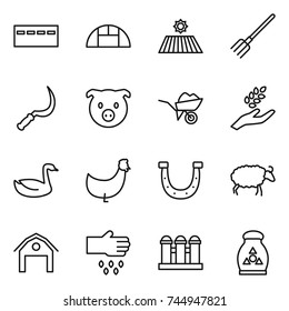 thin line icon set : bunker, greenhouse, field, fork, sickle, pig, wheelbarrow, harvest, goose, chicken, horseshoe, sheep, barn, sow, grain elevator, fertilizer