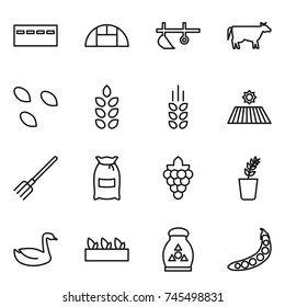 thin line icon set : bunker, greenhouse, plow, cow, seeds, spikelets, field, fork, flour, grape, seedling, goose, fertilizer, peas