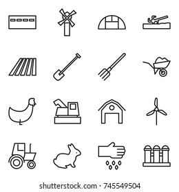 thin line icon set : bunker, windmill, greenhouse, soil cutter, field, shovel, fork, wheelbarrow, chicken, harvester, barn, tractor, rabbit, sow, grain elevator