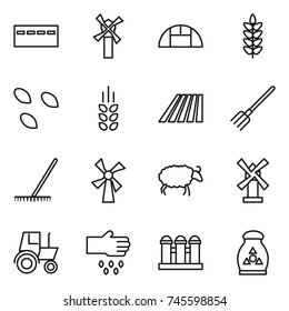 thin line icon set : bunker, windmill, greenhouse, spikelets, seeds, field, fork, rake, sheep, tractor, sow, grain elevator, fertilizer