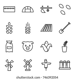 thin line icon set : bunker, greenhouse, plow, seeds, spikelets, field, shovel, flour, pig, corn, seedling, windmill, scarecrow, grain elevator