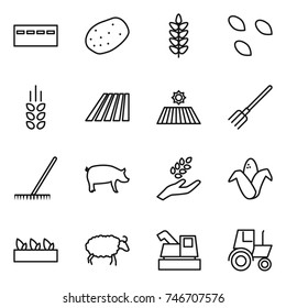 thin line icon set : bunker, potato, spikelets, seeds, field, fork, rake, pig, harvest, corn, seedling, sheep, harvester, tractor