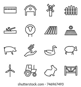 thin line icon set : bunker, barn, windmill, fence, soil cutter, sheep, field, pig, harvest, goose, tractor, rabbit, farm