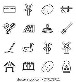 thin line icon set : bunker, windmill, potato, plow, coffee seeds, field, fork, rake, goose, barn, grain elevator, fertilizer
