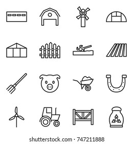 thin line icon set : bunker, barn, windmill, greenhouse, fence, soil cutter, field, fork, pig, wheelbarrow, horseshoe, tractor, farm, fertilizer