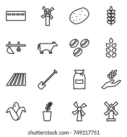 thin line icon set : bunker, windmill, potato, spikelets, plow, cow, coffee seeds, field, shovel, flour, harvest, corn, seedling