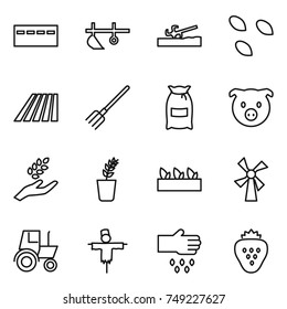 thin line icon set : bunker, plow, soil cutter, seeds, field, fork, flour, pig, harvest, seedling, windmill, tractor, scarecrow, sow, strawberry