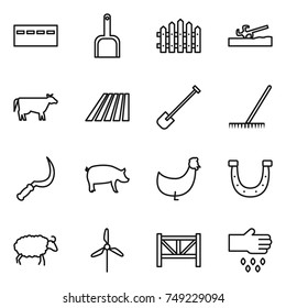 thin line icon set : bunker, scoop, fence, soil cutter, cow, field, shovel, rake, sickle, pig, chicken, horseshoe, sheep, windmill, farm, sow