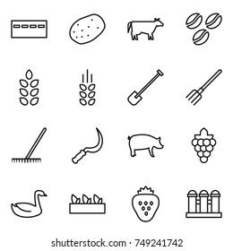 thin line icon set : bunker, potato, cow, coffee seeds, spikelets, shovel, fork, rake, sickle, pig, grape, goose, seedling, strawberry, grain elevator