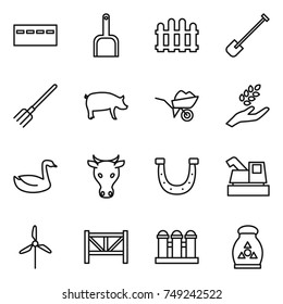 thin line icon set : bunker, scoop, fence, shovel, fork, pig, wheelbarrow, harvest, goose, cow, horseshoe, harvester, windmill, farm, grain elevator, fertilizer