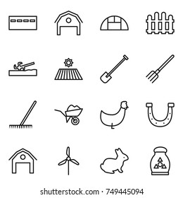 thin line icon set : bunker, barn, greenhouse, fence, soil cutter, field, shovel, fork, rake, wheelbarrow, chicken, horseshoe, windmill, rabbit, fertilizer