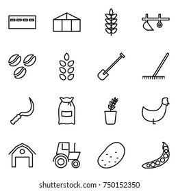 thin line icon set : bunker, greenhouse, spikelets, plow, coffee seeds, shovel, rake, sickle, flour, seedling, chicken, barn, tractor, potato, peas