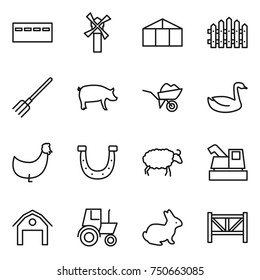 thin line icon set : bunker, windmill, greenhouse, fence, fork, pig, wheelbarrow, goose, chicken, horseshoe, sheep, harvester, barn, tractor, rabbit, farm