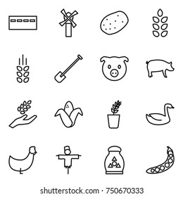 thin line icon set : bunker, windmill, potato, spikelets, shovel, pig, harvest, corn, seedling, goose, chicken, scarecrow, fertilizer, peas