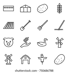 thin line icon set : bunker, greenhouse, potato, spikelets, field, shovel, fork, rake, pig, harvest, goose, windmill, barn, scarecrow