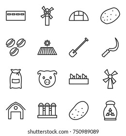thin line icon set : bunker, windmill, greenhouse, potato, coffee seeds, field, shovel, sickle, flour, pig, seedling, barn, grain elevator, fertilizer