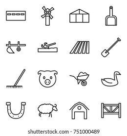 thin line icon set : bunker, windmill, greenhouse, scoop, plow, soil cutter, field, shovel, rake, pig, wheelbarrow, goose, horseshoe, sheep, barn, farm fence