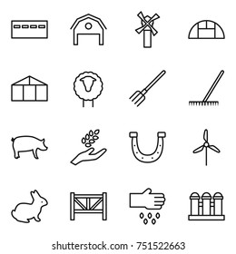 thin line icon set : bunker, barn, windmill, greenhouse, sheep, fork, rake, pig, harvest, horseshoe, rabbit, farm fence, sow, grain elevator