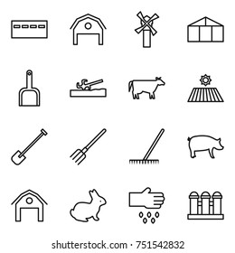 thin line icon set : bunker, barn, windmill, greenhouse, scoop, soil cutter, cow, field, shovel, fork, rake, pig, rabbit, sow, grain elevator