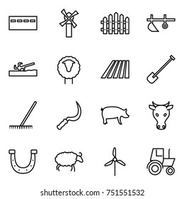 thin line icon set : bunker, windmill, fence, plow, soil cutter, sheep, field, shovel, rake, sickle, pig, cow, horseshoe, tractor