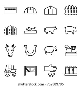thin line icon set : bunker, greenhouse, fence, soil cutter, cow, pig, horseshoe, sheep, harvester, tractor, farm, sow, grain elevator