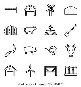 thin line icon set : bunker, barn, windmill, greenhouse, fence, cow, field, shovel, sickle, pig, wheelbarrow, farm, grain elevator