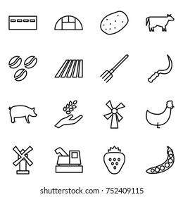 thin line icon set : bunker, greenhouse, potato, cow, coffee seeds, field, fork, sickle, pig, harvest, windmill, chicken, harvester, strawberry, peas