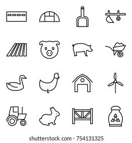thin line icon set : bunker, greenhouse, scoop, plow, field, pig, wheelbarrow, goose, chicken, barn, windmill, tractor, rabbit, farm fence, fertilizer