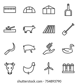 thin line icon set : bunker, greenhouse, scoop, soil cutter, cow, field, shovel, sickle, pig, harvest, goose, chicken, windmill, grain elevator