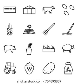 thin line icon set : bunker, greenhouse, cow, seeds, spikelets, field, fork, rake, pig, seedling, sheep, tractor, strawberry, potato, fertilizer